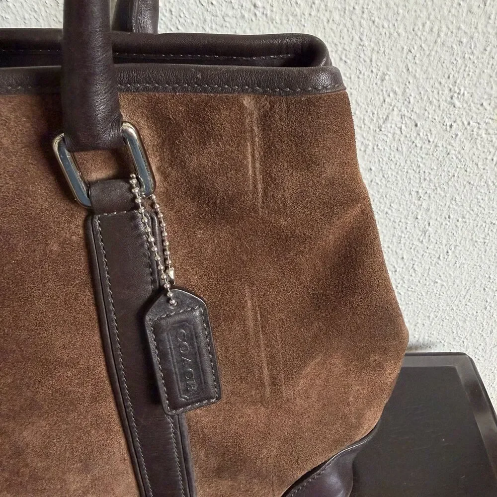 Coach Vtg Y2K 2000s Chocolate Brown Suede Hamptons Leather Trim Satchel Tote Bag
